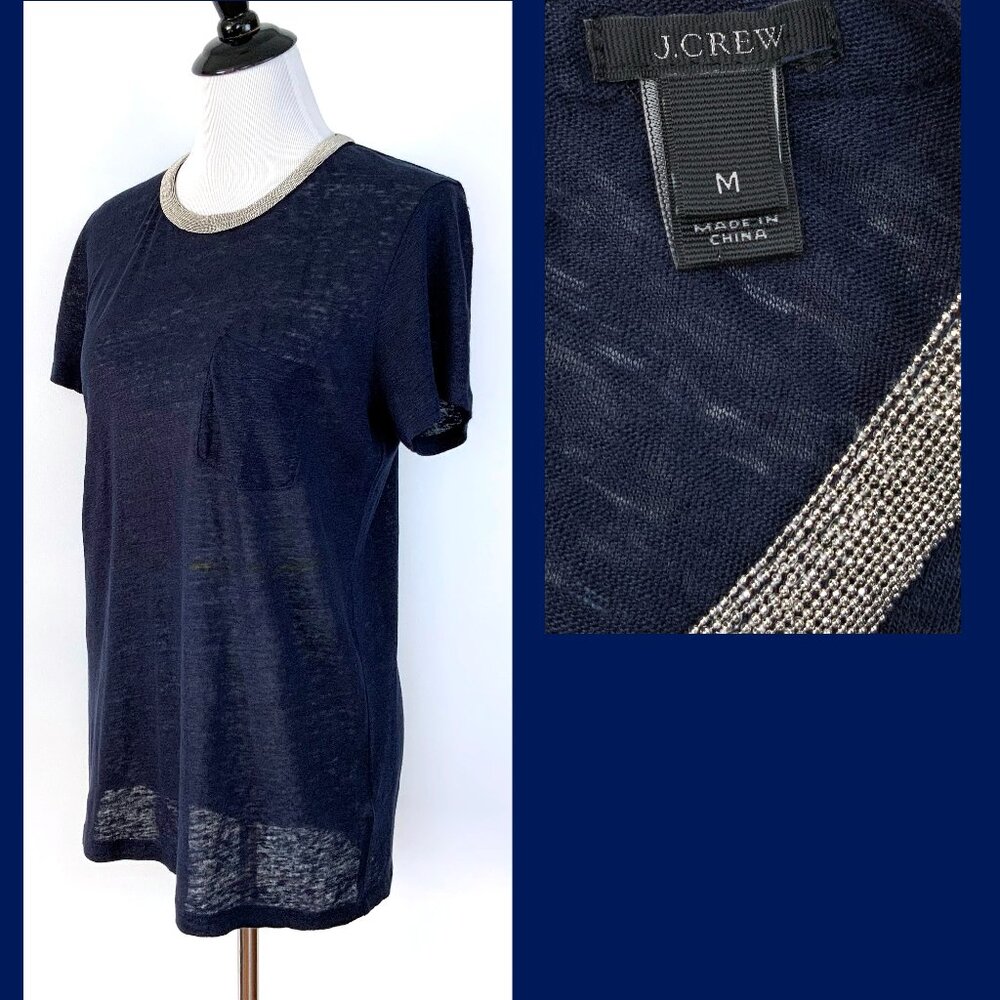 New J. Crew Navy Linen Embellished Collar Short Sleeve Tee Sz M - Picture 3 of 16